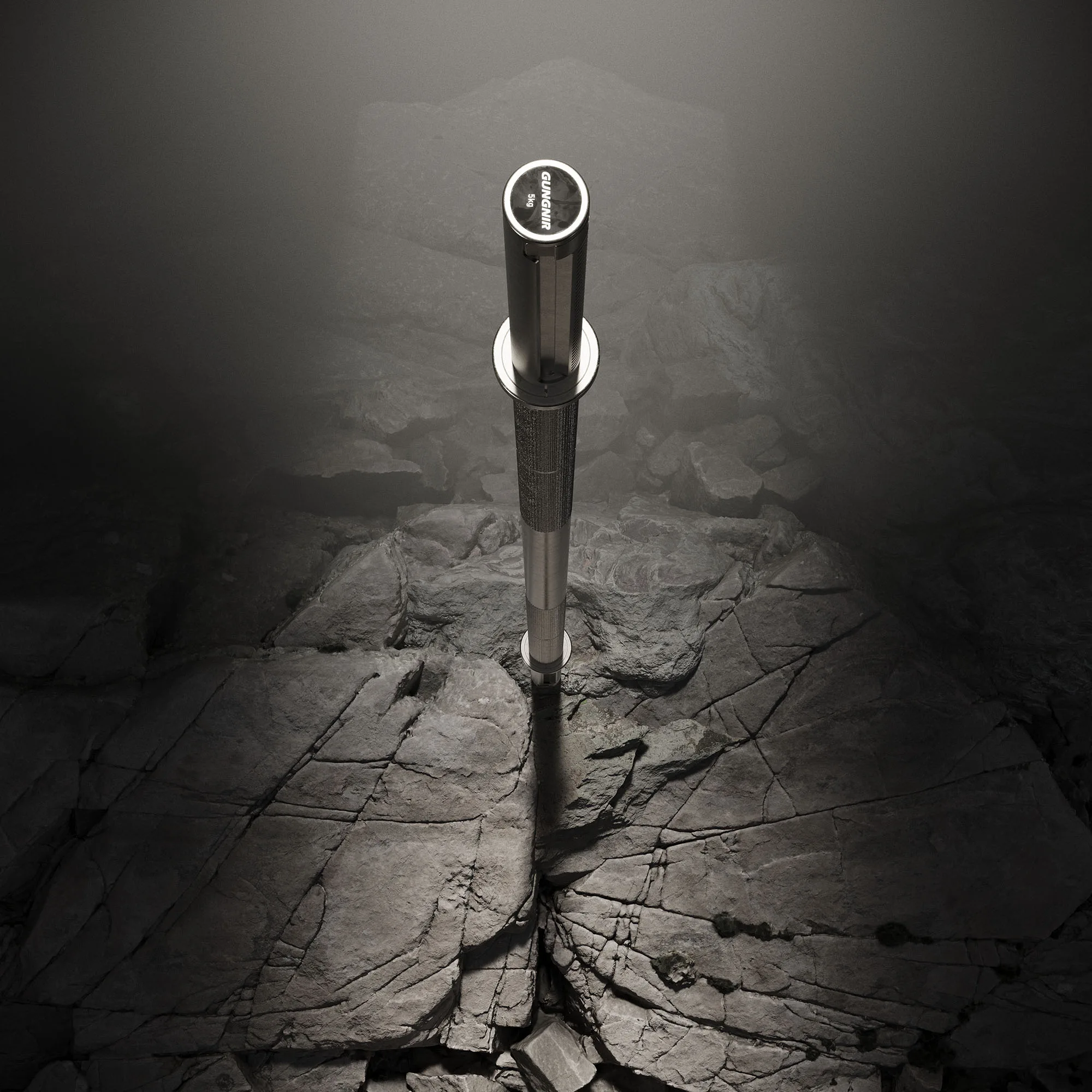 An upright barbell viewed from above on fractured stone, with bright metal rims and a long shadow extending towards the foreground.