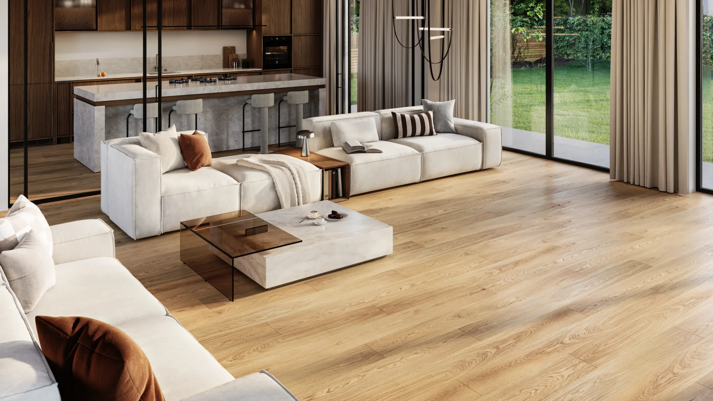 Lengthwise wood grain and staggered board joints across a pale floor beside white sofas and dark kitchen cabinets.