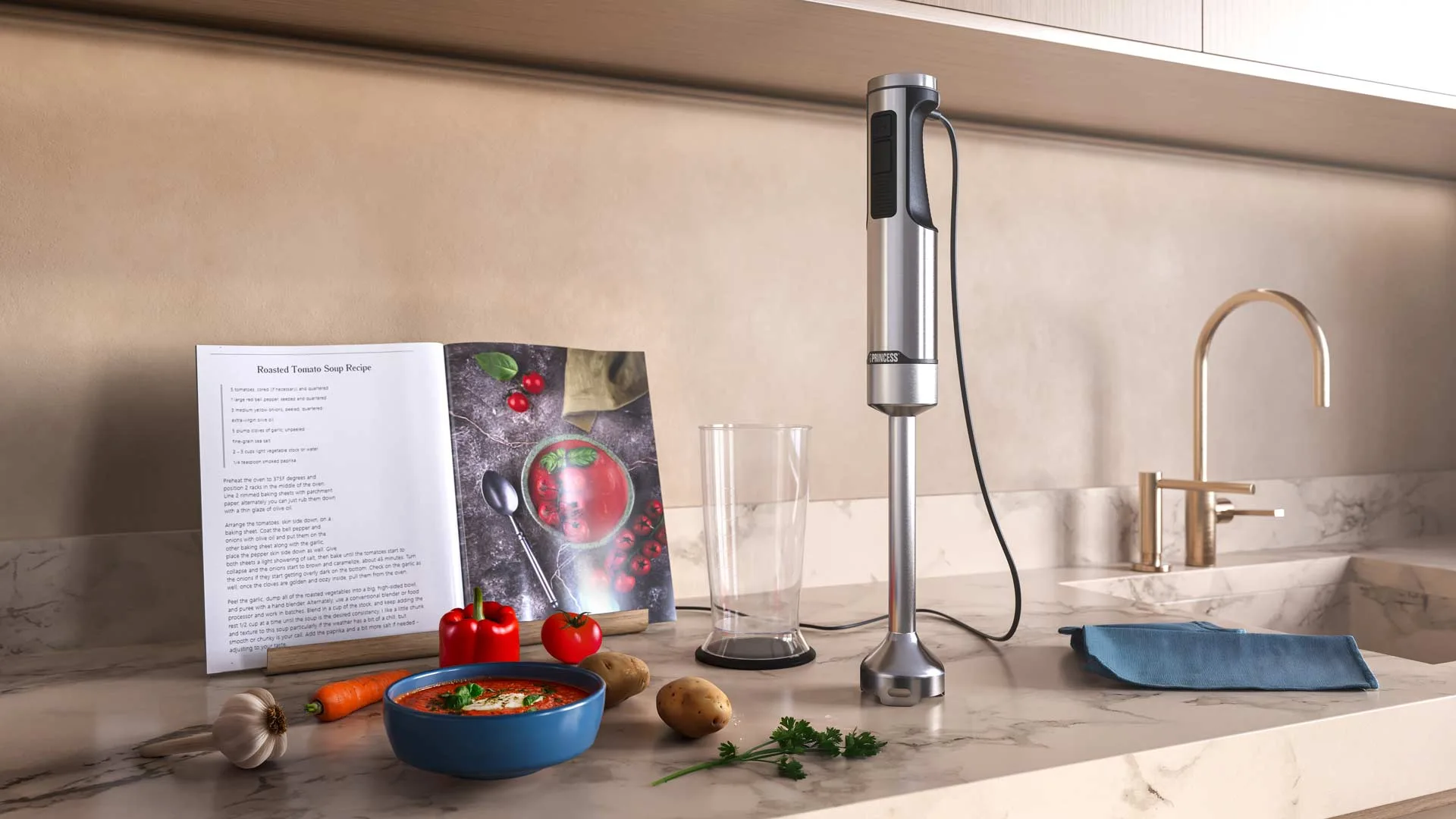 A kitchen counter with an open soup recipe, vegetables, a blue bowl and an upright handblender.