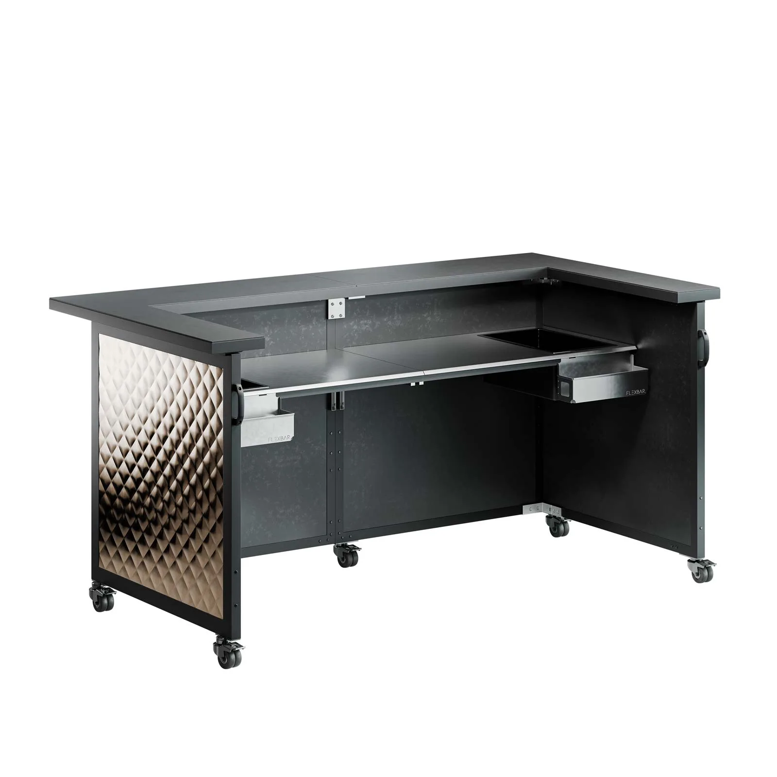 The open service side of the bar reveals a lower work surface, frame connections, a small pale plate beneath the upper counter and castors.