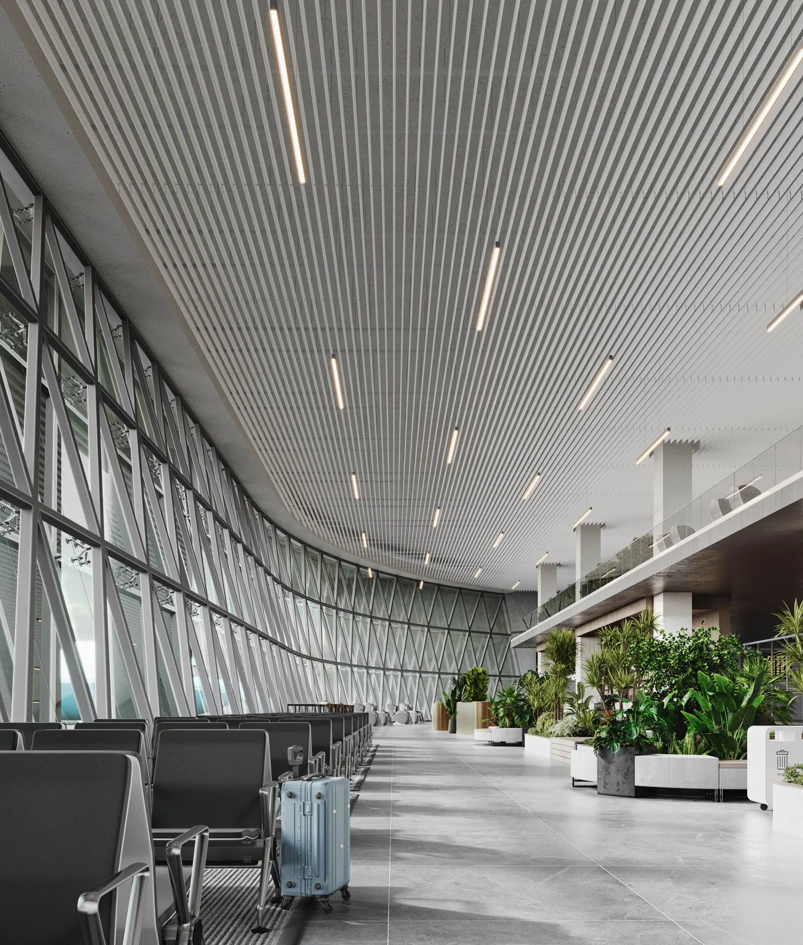 A view along a terminal hall with closely spaced ceiling fins, repeated dark seats, a blue suitcase and planting beside a clear strip of floor.