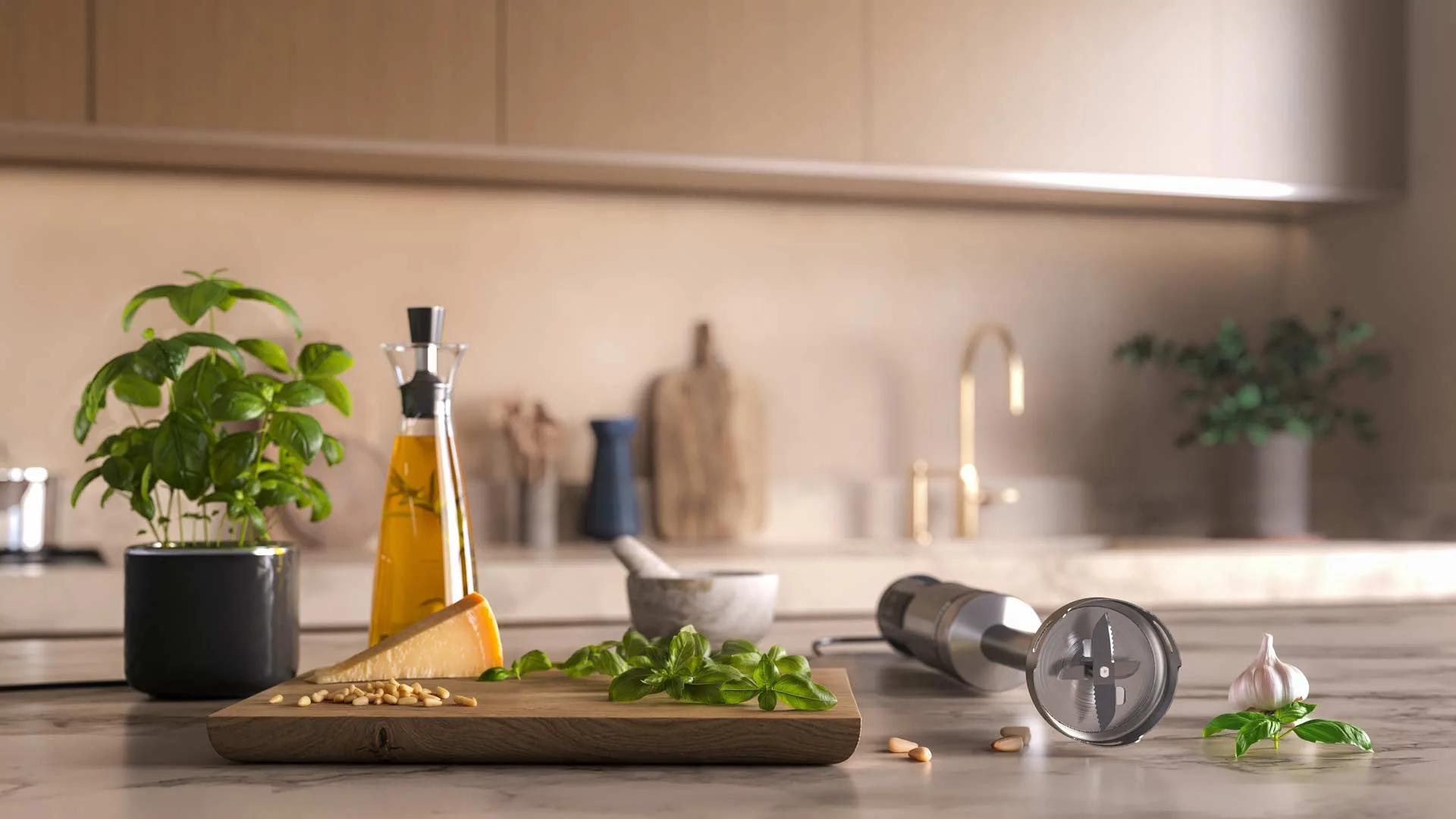 Basil, cheese and pale nuts on a wooden board beside a handblender lying on the counter, with garlic and loose leaves nearby.