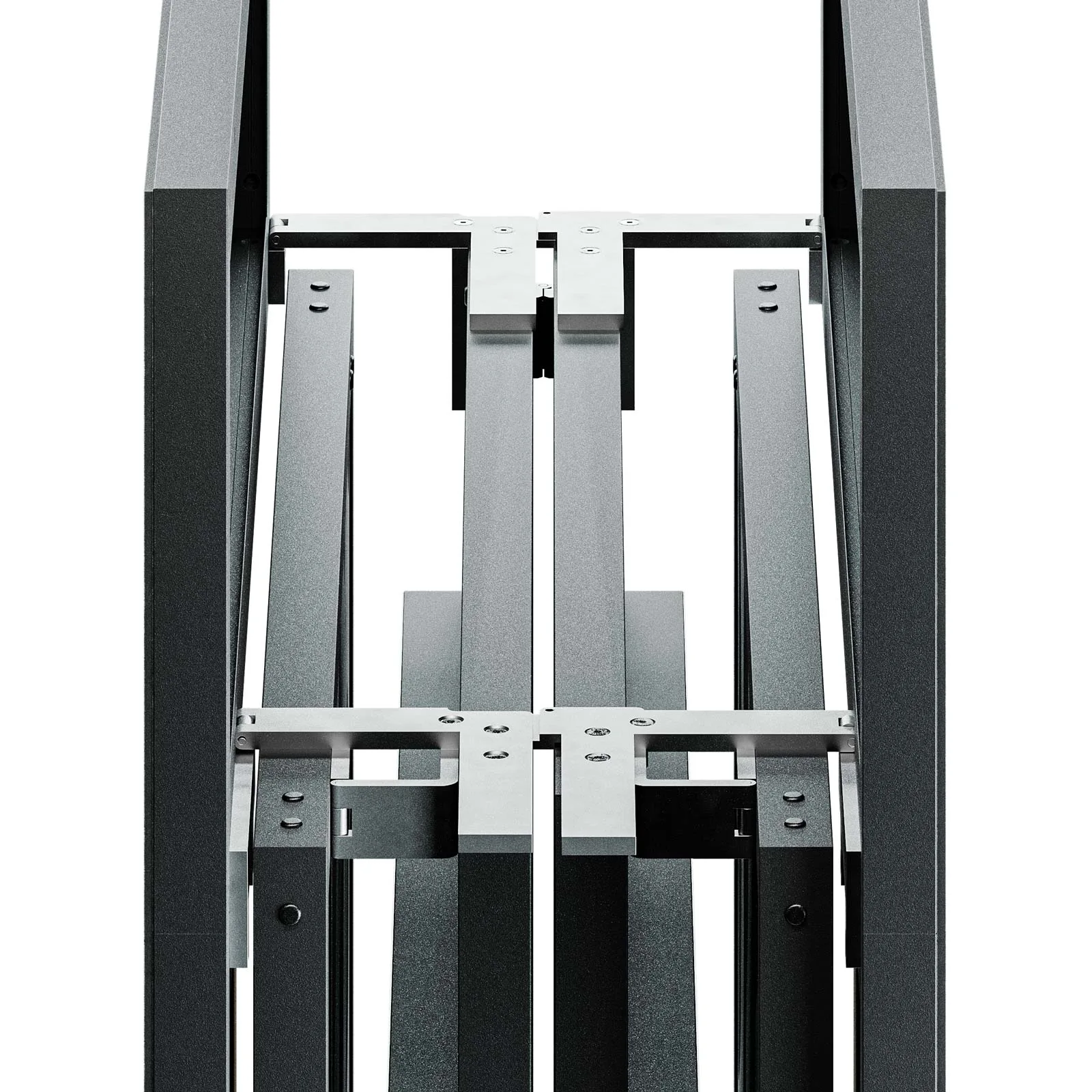 Pale right-angled plates and round fastener heads connect dark frame members in a close view of the folded bar.