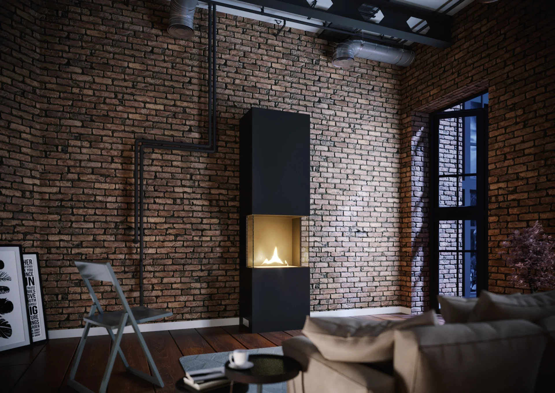 A bright flame inside a tall dark fireplace enclosure against exposed brick, with a cool blue window to the right.