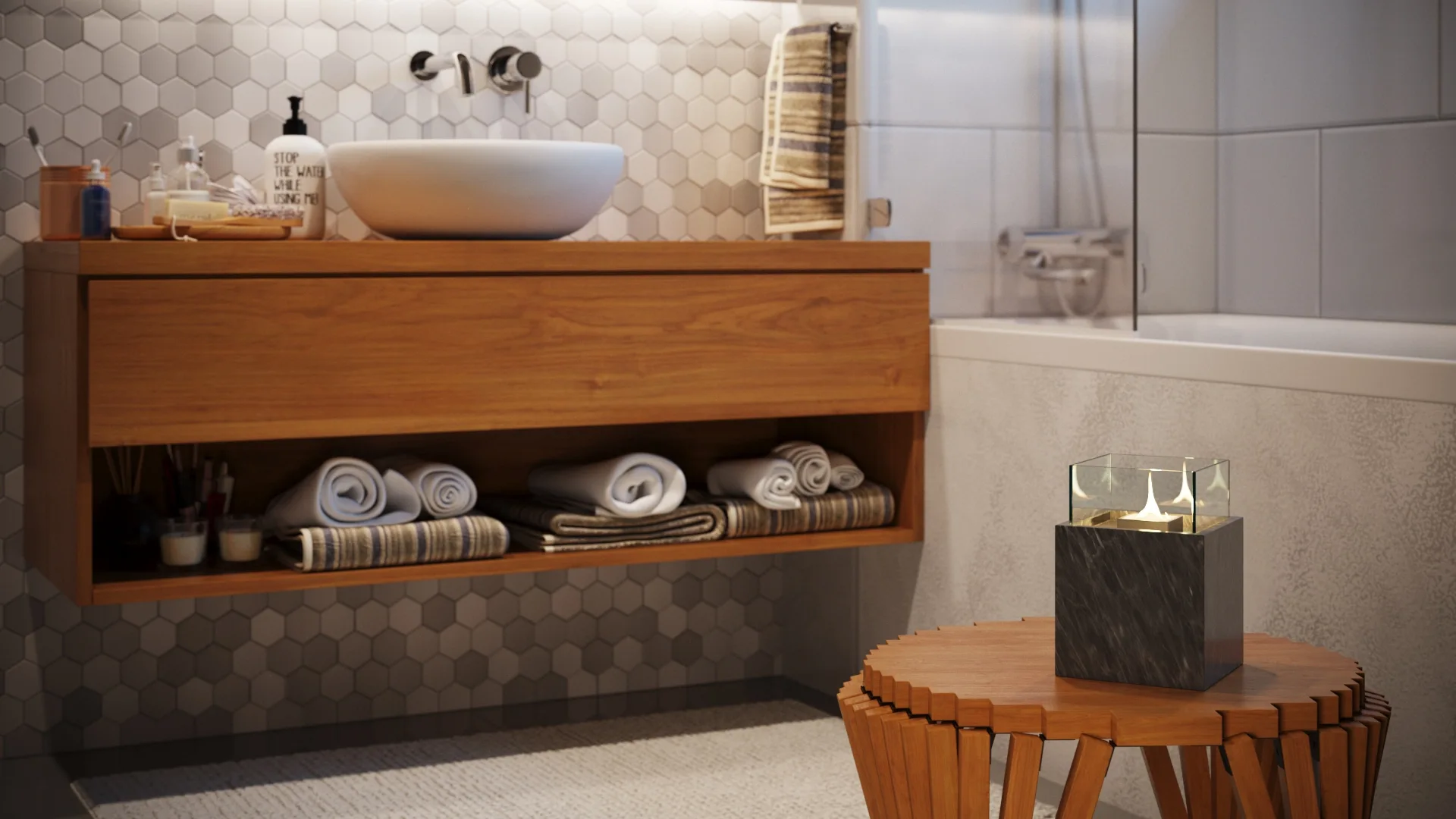 A small flame and its reflections above a dark veined base on a timber stool, in a bright bathroom with a wooden vanity and folded towels.