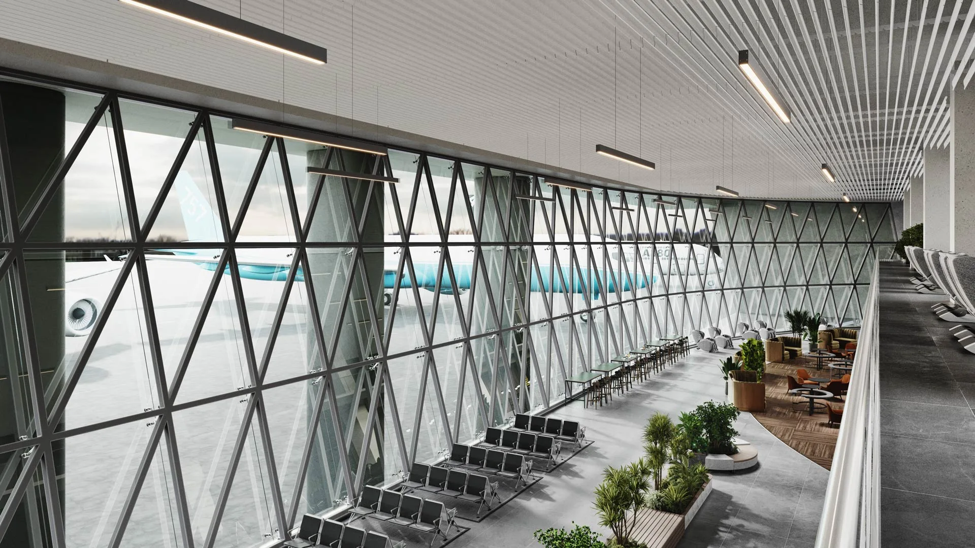 An elevated view of a terminal with a finned ceiling, diagonal glazing members and seating areas beside planted benches.
